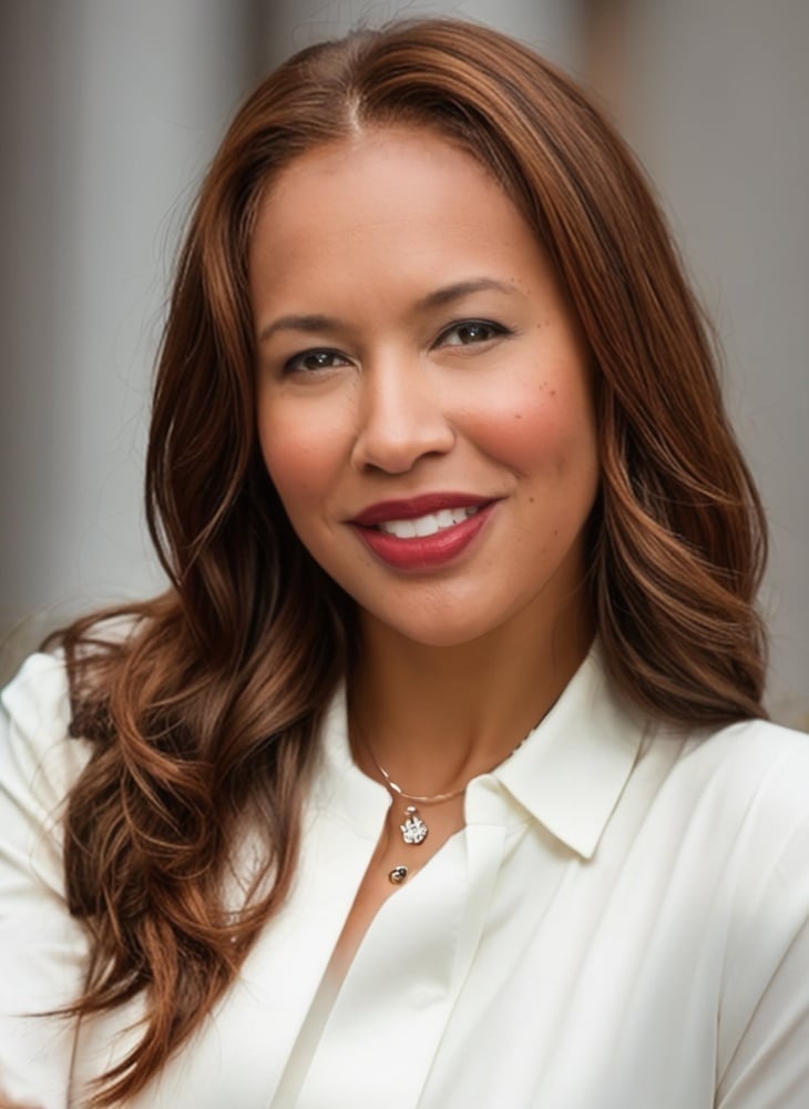 Professional headshot of a woman with long reddish-brown wavy hair, wearing a cream-colored button-up shirt and ornate necklace.